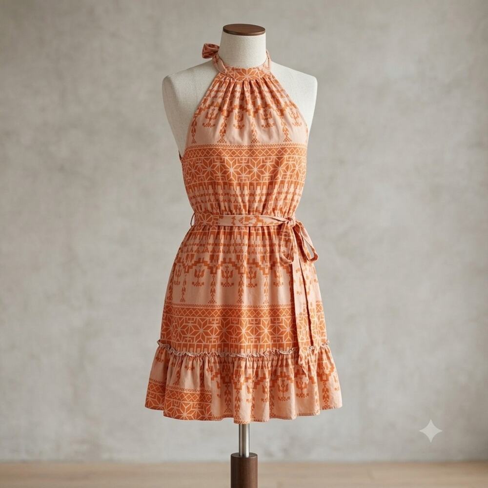 BTFBM Size Large Orange Geometric Halter Midi Dress Fully Lined